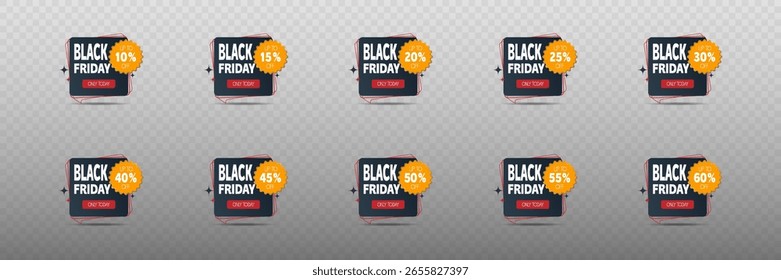 Conjunto de etiquetas de Precio de Black Friday con porcentajes y descuentos.
