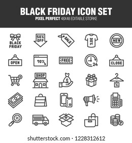 A set of Black Friday related icons. Editable stroke. 48×48 Pixel Perfect.