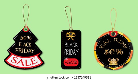 Set of Black Friday Retail Sale Tags and Clearance Tags with different shapes and
discount text for New Year holiday  shopping promotion. Vector illustration.