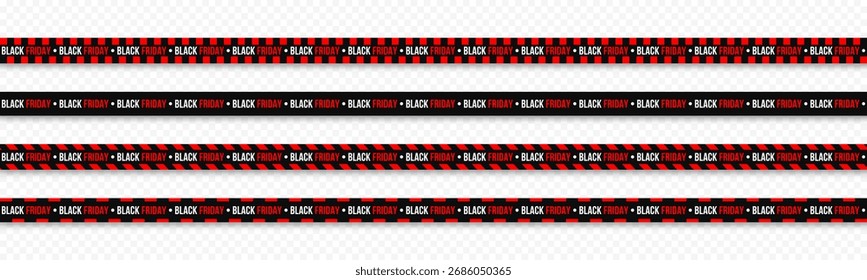 Conjunto de cintas de Black Friday. Cintas y cintas sin costura de Black Friday con texto y sombra. Cintas de advertencia Horizontales sin costuras y cintas con texto sobre fondo transparente. Vector