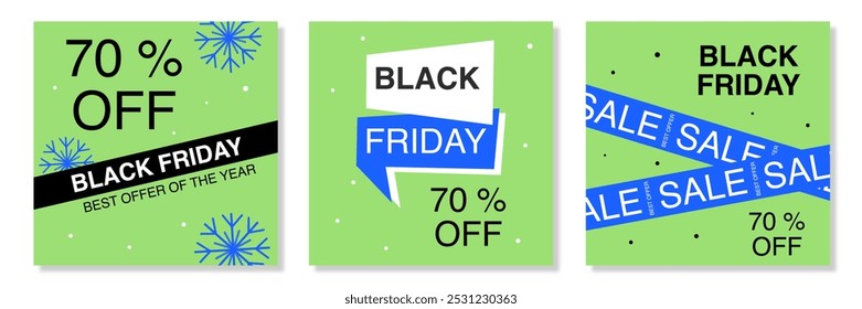 Conjunto de venta de Black Friday con fondo verde geométrico abstracto, e ilustración colorida plana para el Anuncio, cubierta, folleto, volante, letrero, redes sociales, carteles, promoción, publicidad.