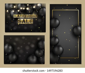 Set of Black Friday sale banner. Black balloons on the dark background. Template for decoration poster, cards, promotions.Vector illustration.