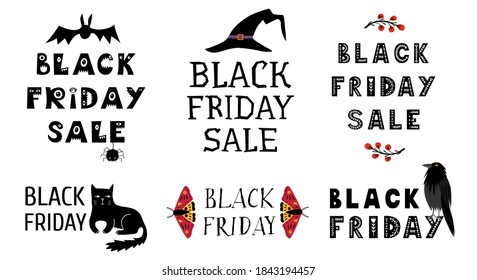 Set of Black Friday Sale banner designs. Handwritten lettering with bat, witch hat, black cat, raven, moths, spider. Folk style. Discount inscription. Vector illustration isolated on white background.