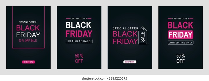 Set of black friday sale banner design template. Pink and white colors on a dark background. Black friday banner. Vector illustration