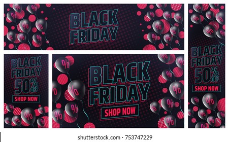 Set of Black Friday Sale banner by balloons with Percent Sign,Discount Sign in pink and black color style for Retail,Shopping,Sale or Black Friday Promotion.