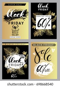 Set of Black Friday sale calligraphy banners. Vector flat illustration with black and golden colors. Use for mobile website banner, flyer template, poster, online shopping, ads, social media banners.