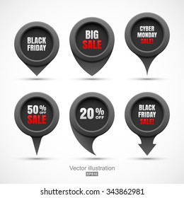 Set of black friday sale circle pointers 3D.