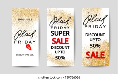 Set of black friday sale flyers. Abstract shiny backgrount with gold dust. Vector illustration.