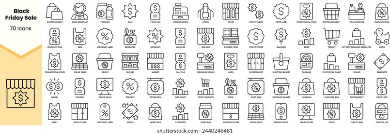 Set of black friday sale icons. Simple line art style icons pack. Vector illustration