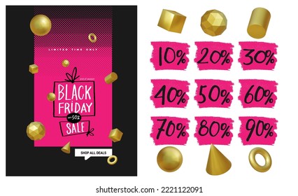 Set of Black Friday Sale posters or flyers design. Set of 3d gold geometry. Black Friday numbers with percentages for branding, web banner, card, flyer. Vector design with typography.