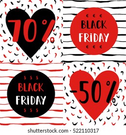 A Set of  Black Friday Sale posters on a hand drawn background with a heart, dollar, euro signs.
70%, -50%, Black friday lettering. Vector Illustration