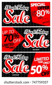 Set Black Friday Sale posters, special offer, banners design template, discounts 50% up to 80% off, vector illustration