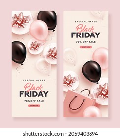 Set of black friday sale roll up with realistic glossy balloons, gift box and discount text on pink background. Vector illustration