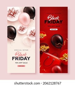 Set of black friday sale roll up with realistic glossy balloons, gift box and discount text on red and pink background. Vector illustration