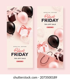 Set of black friday sale roll up with realistic glossy balloons, gift box and discount text on pink background. Vector illustration