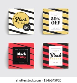 Set of black friday sale social media box templates. Stripes covers design for your Facebook, Instagram or Twitter. Trendy colorful bubble shapes composition. Vector backgrounds.
Applicable for banner