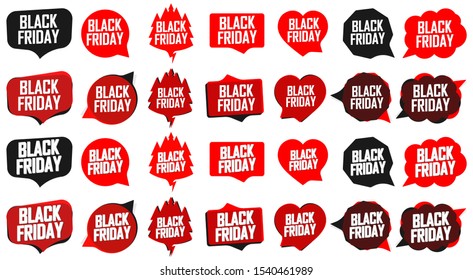 Set Black Friday Sale speech bubble banners design template, collection discount tags, app icons, vector illustration