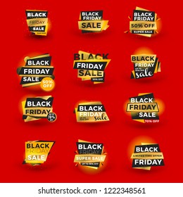 Set of Black Friday sale sticker. Discount banners. Special offer sale tag. Golden and black color theme with light effects. Vector illustration.