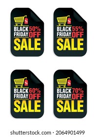 Set of Black Friday Sale stickers. Black Friday sale 50%, 55%, 60%, 70% off with shopping cart. Vector illustration
