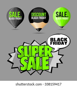 Set Black Friday Sale Stickers and Labels Fluorescent Green