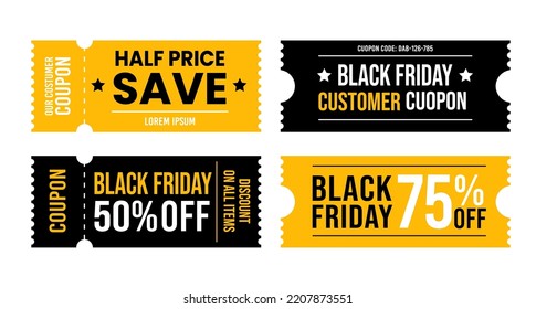 Set of Black friday sale tickets template. Black and orange coupons with a great deal. Vector illustration isolated on white background