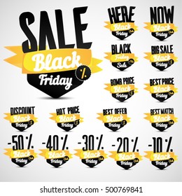Set of Black Friday Sale Vector Elements in Vintage Style. Badge or Label with yellow ribbon.