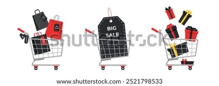 Set of Black Friday shopping carts with shopping bags, gift boxes and big tag. Black Friday elements. Black Friday shopping.