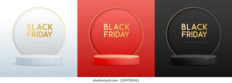 Set of black friday showcase backgrounds with 3d podium and golden arch. Vector illustration
