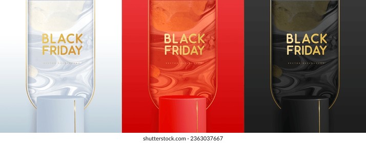 Set of black friday showcase backgrounds with 3d podium and marble texture. Vector illustration