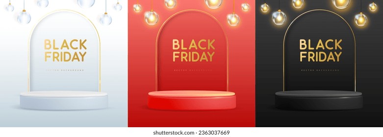 Set of black friday showcase backgrounds with 3d podium, arch and electric lamps. Vector illustration