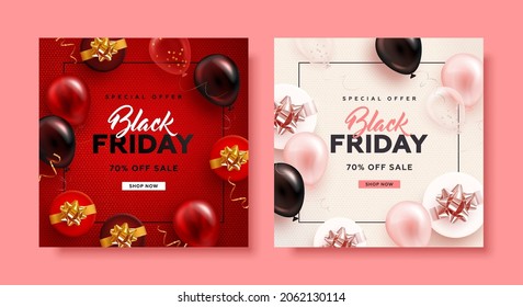 Set of black friday square sale banner with realistic glossy balloons, gift box and discount text. Vector illustration