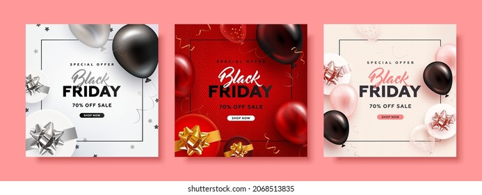 Set of black friday square sale banner with realistic glossy balloons, gift box and discount text. Vector illustration	