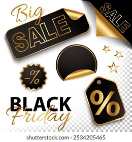 Set of Black Friday sticker and vector golden design elements on a black background