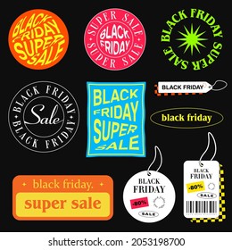 Set Of Black Friday Stickers, Labels, Badges Vector Design. Modern Trendy Super Sale Illustration.