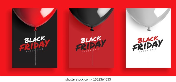 Set of Black friday super sale background, balloons with rope. Design for poster banner card, 3d realistic vector illustration