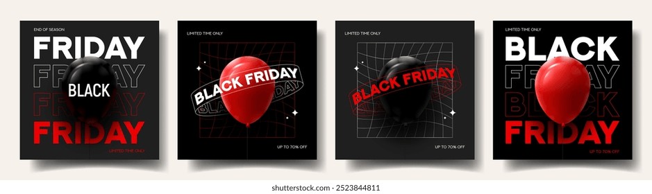 Set von Black Friday Typografie Banner. Modernes Minimaltextsymbol von Black Friday mit Ballons und Rabatt-Angebot. Designvorlage für Black Friday Verkauf, Promotion, Werbung, Social Media Anzeige.