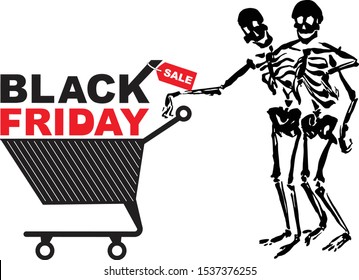 Set of black friday vector illustrations (embracing skeletons, shopping cart) Isolated on white background.