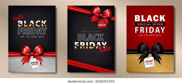 Set of Black Friday vertical banners with super sale advert and 3d red bow knot with price tag. Promotional poster, black wallpaper with discount label and glossy ribbon for website or social media