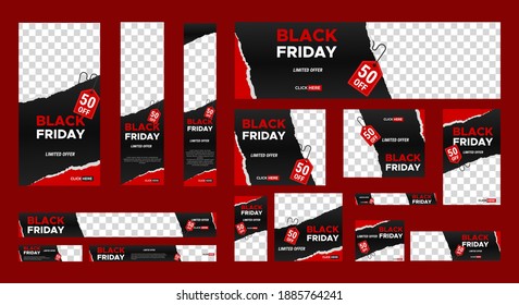 Set Of Black Friday Web Banner With Place For Photo. Sale Ads Banner. Vertical, Horizontal And Square Template. Vector EPS 10
