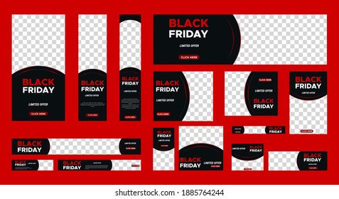 Set of Black friday web banner with place for photo. Sale Ads banner. vertical, horizontal and square template. Vector EPS 10
