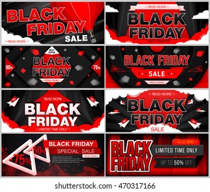 Juego de banner de Black Friday para venta y ofertas de descuento. Ilustración vectorial.