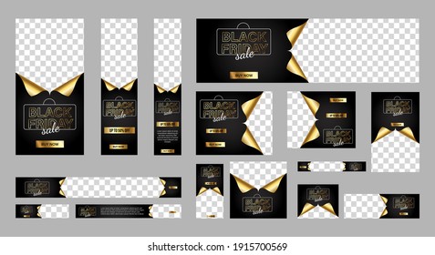 Set of Black Friday web banners of standard size with golden shape. Sale ad banner with a place for photos. Vertical, horizontal and square template. vector EPS 10
