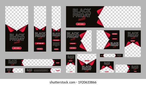 Set Of Black Friday Web Banners Of Standard Size With Red Shape. Sale Ad Banner With A Place For Photos. Vertical, Horizontal And Square Template. Vector EPS 10