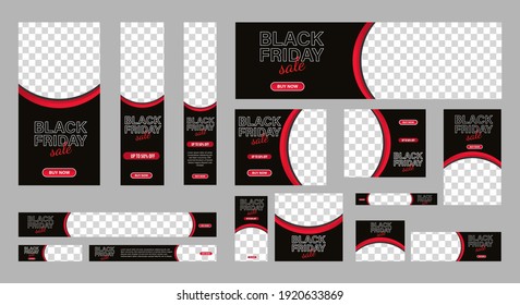 Set of Black Friday web banners of standard size with red shape. Sale ad banner with a place for photos. Vertical, horizontal and square template. vector EPS 10