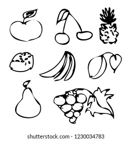 Set of black fruit and berries. Doodle set icons