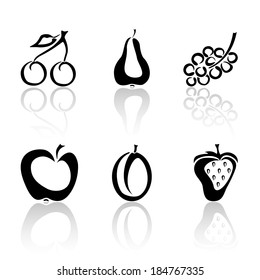 Set of black fruit icons on white background, illustration.