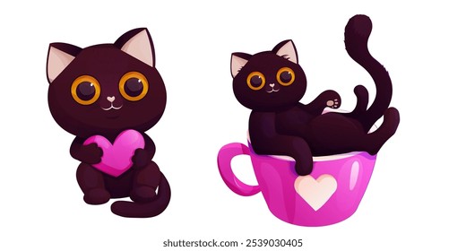 Set gato engraçado preto na xícara rosa e com coração, personagem de desenho animado bonito acenando animal de estimação. Cartão de amor adorável, gatinho na caneca.