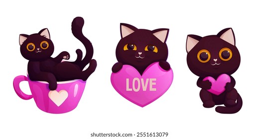 Conjunto Gato divertido negro en taza rosa y con corazón, lindo personaje de dibujos animados que agita mascota. Adorable tarjeta de amor, gatito en taza.