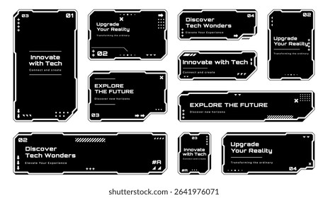 Set of black futuristic HUD text box frames and banners with modern design elements for digital interface. Vector graphics.