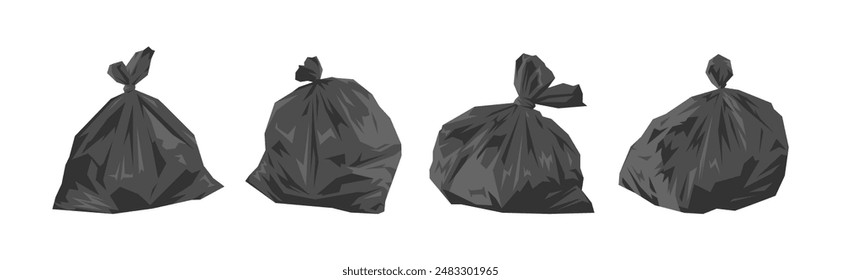 Juego de bolsas de basura negras. Aislado sobre fondo blanco. Ilustración vectorial.